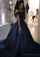 Ball Gown Off-the-Shoulder Sleeveless Sweep Train Satin Prom Dresses With Appliqued Beading