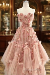 Ball Gown Pink Sweetheart Floor Length Sleeveless Lace Evening Prom Dress