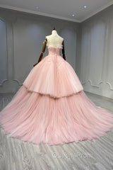 Ball Gown Pink Tulle Strapless Long Evening Prom Evening Dress, Pink Sweet 16 Dress