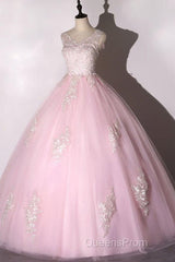 Ball Gown Pink V-Neck Evening Prom Dress Tulle Applique Long Evening Dress