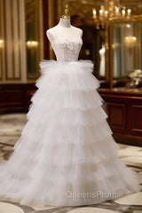 Ball-Gown/Princess Tulle White Long Evening Prom Dress With Beading Flower Cascading Ruffles
