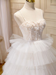 Ball-Gown/Princess Tulle White Long Evening Prom Dress With Beading Flower Cascading Ruffles