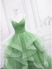 Ball Gown Evening Prom Dress Glittering Dress Formal Floor Length Sleeveless V Neck Tulle With Glitter Ruffles