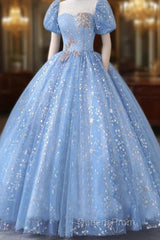 Ball Gown Quinceanera Dress Princess Dress Performance Sweet 16 Floor Length Short Sleeve Square Neck Polyester With Pearls Appliques