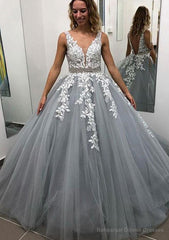 Ball Gown Sleeveless Long/Floor-Length Tulle Prom Dresses With Lace Appliqued Beading