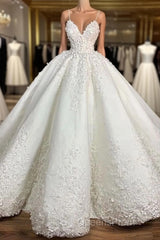 Ball Gown Spaghetti Strap Floor Length Organza Applique Wedding Dress