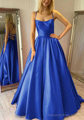 Ball Gown Square Neckline Sleeveless Satin Sweep Train Prom Dresses With Pleated Pockets