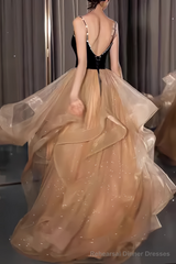 Ball Gown Straps Tulle Champagne Party Dress Long Prom Dress