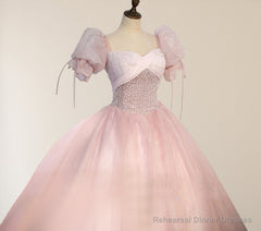 Ball-Gown Tulle Pink Sweetheart Floor-Length Graduation Birthday Party Dress with Sequined