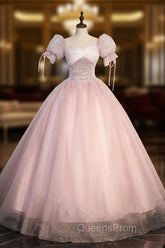 Ball-Gown Tulle Pink Sweetheart Floor-Length Graduation Birthday Party Dress with Sequined