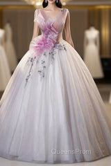 Ball Gown Tulle V-neck Pleats Appliques Quinceanera Dress