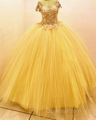 Ball Gown V Neck 3D Flowers Tulle Dress