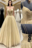 Ball Gown V Neck Sleeveless Long/Floor-Length Tulle Evening Prom Dress With Pleated Sequins