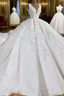 Ball Gown V-neck Wide Strap Short Train Tulle Applique Wedding Dress