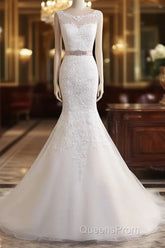 Bateau Neckline Mermaid Tulle Lace Wedding Dress With Appliques