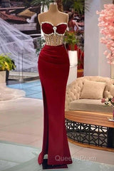 Beaded Burgundy Mermaid Evening Prom Dress