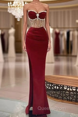 Beaded Burgundy Mermaid Evening Prom Dress