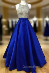 Beaded Halter Satin Ball Gown Evening Prom Dress With Pockets