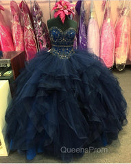 Beaded Sweetheart Organza Ruffle Snavy Blue Quinceanera Dress Ball Gowns