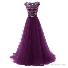 Beaded Tulle Long Party Gown, Tulle Cap Sleeves Formal Dresses