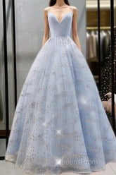 Beaded Tulle Evening Prom Dress Ball Gown Plunge Neck