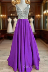 Beaded V Neck Long Satin Violet Evening Prom Dress