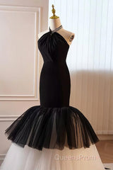 Beading Mermaid Black And White Halter Tulle Evening Prom Dress