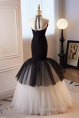 Beading Mermaid Black And White Halter Tulle Evening Prom Dress