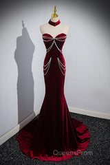 Beauiful Wine Red Off Shoulder Mermaid Long Evening Prom Dress, Wine Red Party Dress