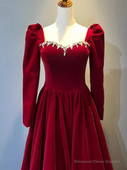 Beautiful A Line Red Velvet Prom Dress Sweatheart Party Dress Brithday Ball Gown