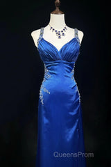 Beautiful Backless Beaded Satin Sheath Royal Blue Long Evening Prom Dress Formal Evening Gown