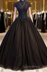 Beautiful Black Cap Sleeves Long Tulle Party Dress, Black Evening Prom Dress