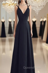 Beautiful Black Chiffon Straps Long A-Line Junior Evening Prom Dress, Black Party Gowns