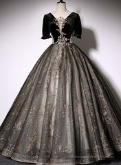 Beautiful Black Tulle Short Sleeves Long Party Dress Black Short Sleeves Prom Dress prom dresses shops