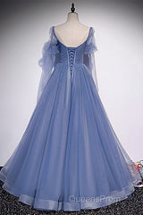 Beautiful Blue Tulle Beaded Long Formal Dress Party Dress, A-Line Wedding Party Dress