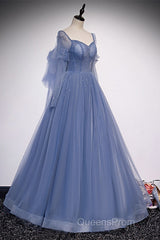Beautiful Blue Tulle Beaded Long Formal Dress Party Dress, A-Line Wedding Party Dress