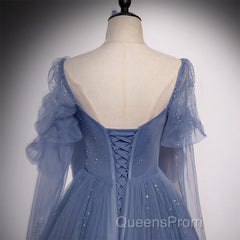 Beautiful Blue Tulle Beaded Long Formal Dress Party Dress, A-Line Wedding Party Dress