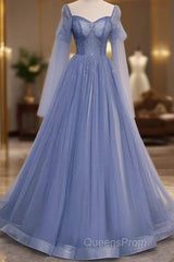 Beautiful Blue Tulle Beaded Long Formal Dress Party Dress, A-Line Wedding Party Dress