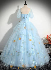Beautiful Blue Tulle Short Sleeves Sweet 16 Dress With Bow, Blue Formal Gown