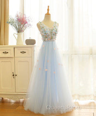 Beautiful Blue V-Neckline Floral Lace Tulle Party Dress, A-Line Blue Evening Dress Evening Prom Dress
