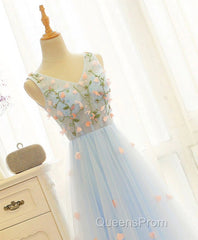 Beautiful Blue V-Neckline Floral Lace Tulle Party Dress, A-Line Blue Evening Dress Evening Prom Dress