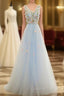 Beautiful Blue V-Neckline Floral Lace Tulle Party Dress, A-Line Blue Evening Dress Evening Prom Dress