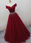 Beautiful Burgundy Long Tulle Off Shoulder Classy Prom Dress , Junior Classy Prom Dress