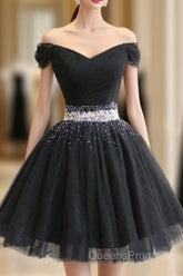 Beautiful Cute Charming Black Tulle V Neck Beaded Short Dress, Black Homecoming Dress