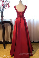 Beautiful Dark Red Lace Long Junior Evening Prom Dress, Lace Top Party Dress