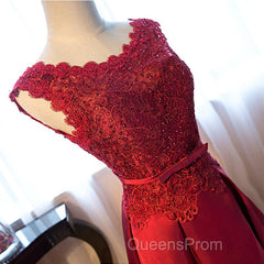 Beautiful Dark Red Lace Long Junior Evening Prom Dress, Lace Top Party Dress