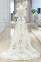 Beautiful Floral Lace Tulle Long Evening Prom Dress, White Off The Shoulder Evening Party Dress