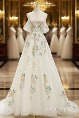 Beautiful Floral Lace Tulle Long Evening Prom Dress, White Off The Shoulder Evening Party Dress