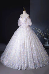 Beautiful Floral Tulle Pearl Sequins Evening Prom Dress, A-Line Puffy Short Sleeve Evening Party Dress