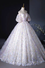 Beautiful Floral Tulle Pearl Sequins Evening Prom Dress, A-Line Puffy Short Sleeve Evening Party Dress